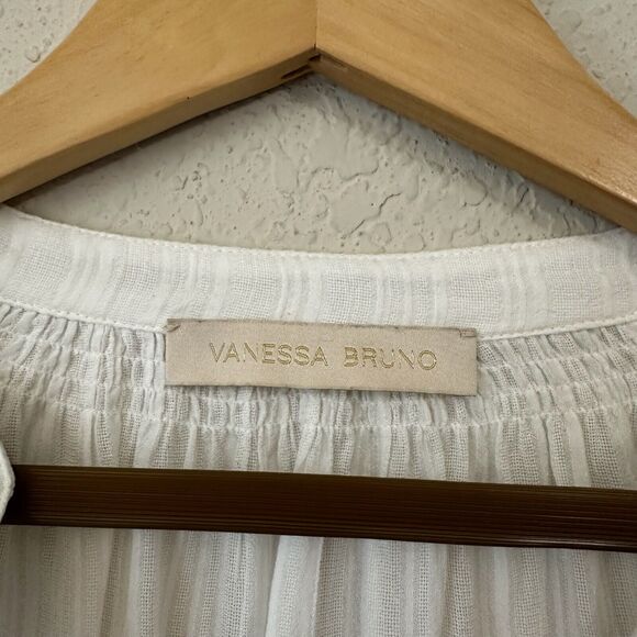 VANESSA BRUNO Nipoa Striped Blouse Sheer Split Neck in White - Picture 9 of 11